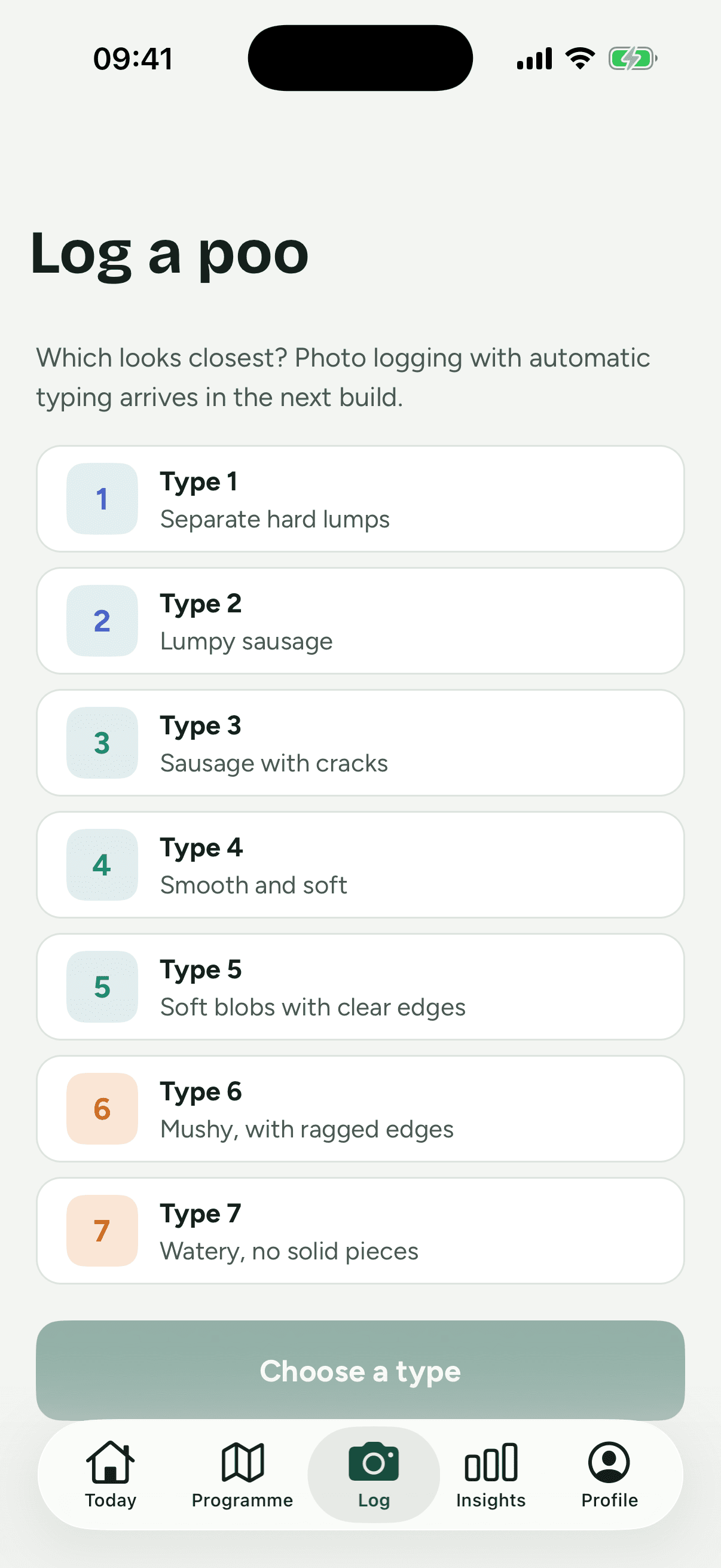 Logging a poo by tapping the Bristol stool chart