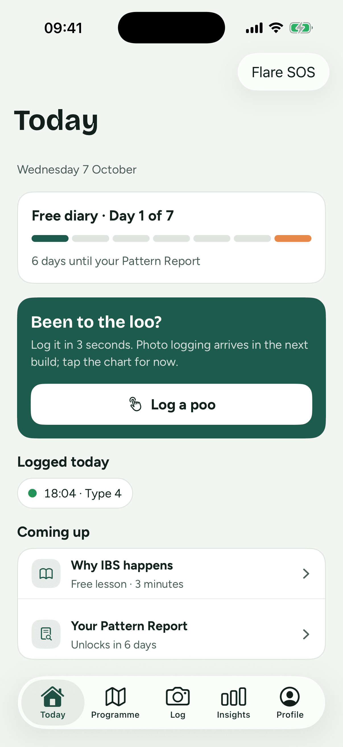 The Today screen: day 1 of the 7-day diary, with one log